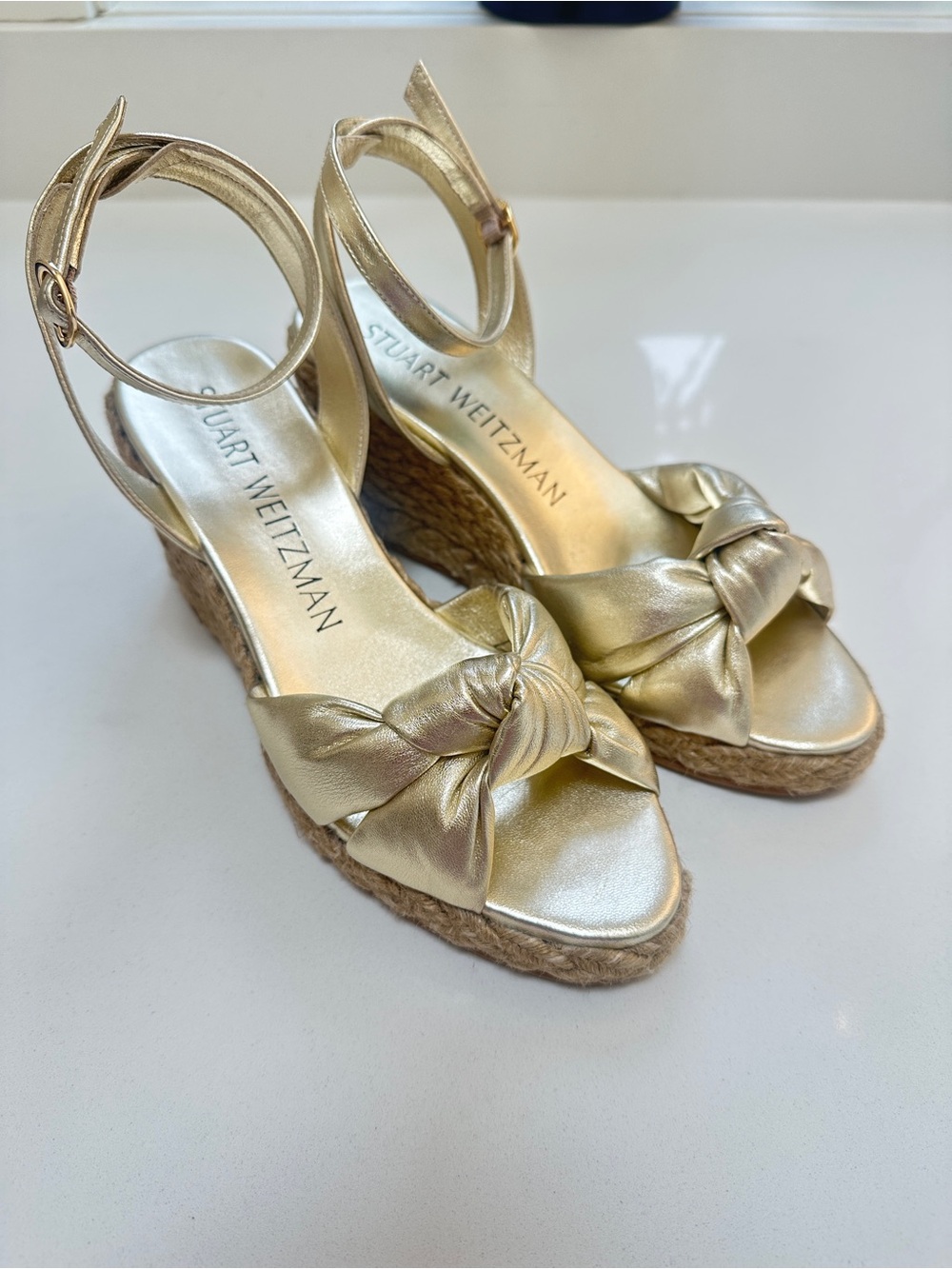 Stuart Weitzman Playa Knot Metallic Gold  Espadrille Wedges